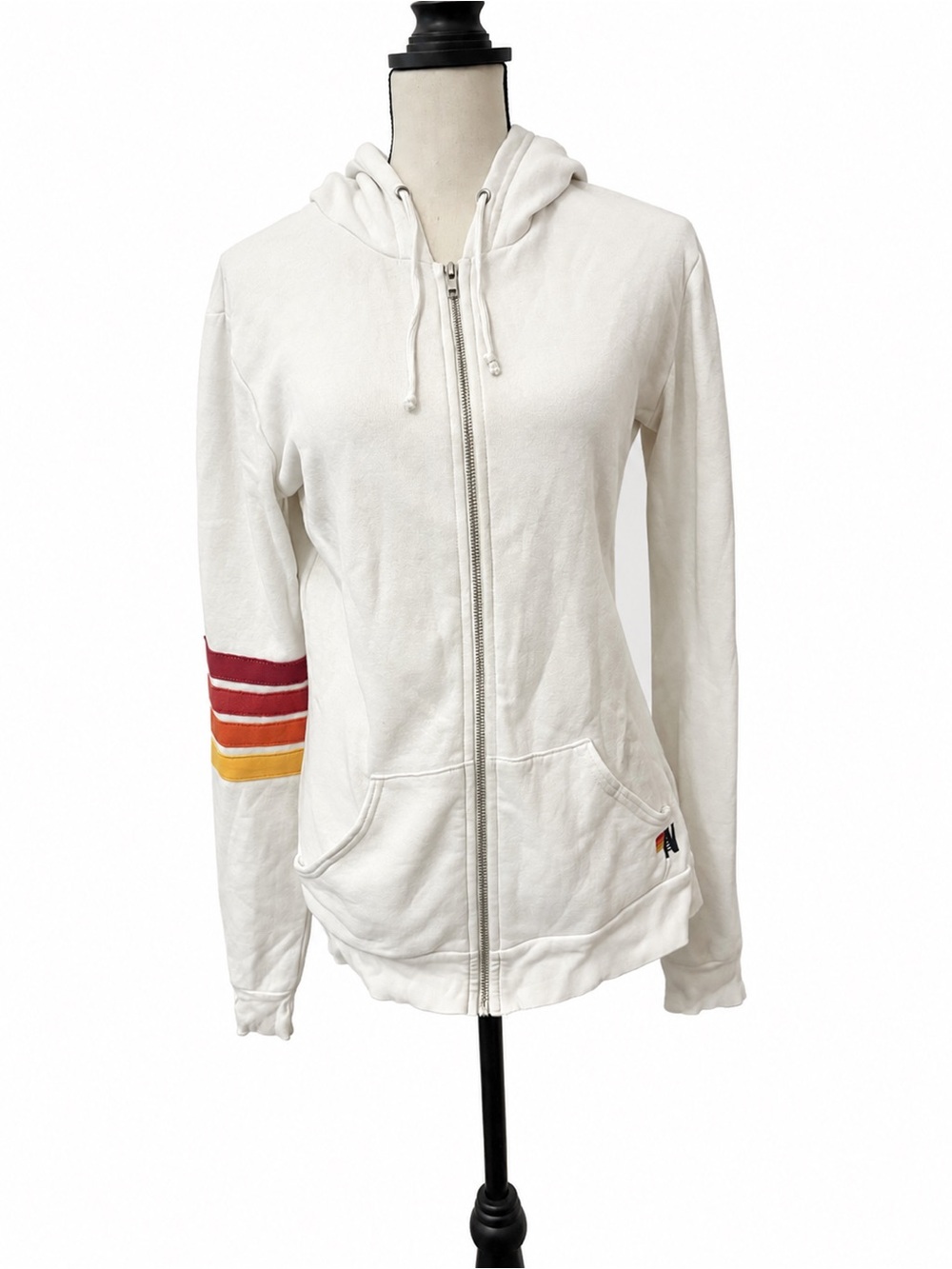 Aviator Nation White Zip Hoodie with Red, Pink and Orange Sleeve Stripes
